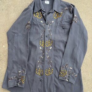 Men's Bronco Western Embroidered Button Down Shirt - Gray and Gold